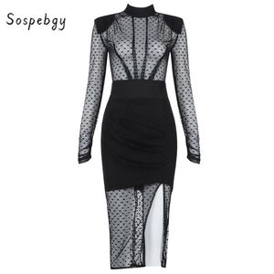 Wholesale dresses see through sides resale online - Spring Women s Sexy See through Mesh Stitching Side Split Bodycon Bandage Dress Celebrity Runway Party Dresses Casual