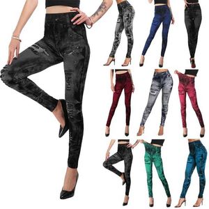 2020 mulheres imitação angustiado denim jeans leggings alta cintura magro elástico lápis pants q0801