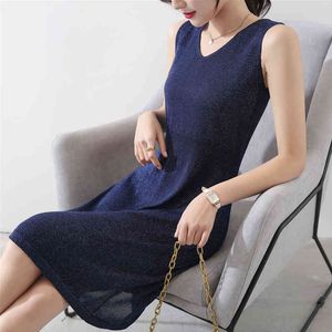 Summer Bright Silk Sleeveless Knitted Dress Women Elegant Fashion Office Lady V-neck Solid Cotton Tank 210520