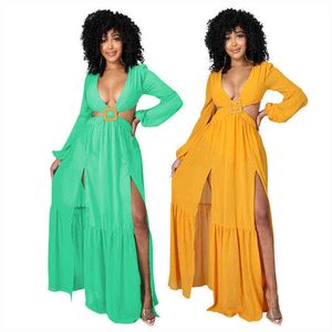 Women Long Dress Solid Full Sleeve V-neck Hollow Out Splited Maxi Dresses Vintage Party Vestidos Summer Outfits 211116