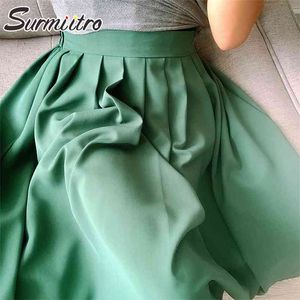 Mode sommar långpläterad kjol Kvinnor Koreansk stil Chiffon Mid-Length High Waist Midi Kvinna Grön 350g 210421