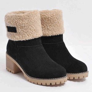Vinter ankel stövlar kvinnor kvadratklack snö stövlar damer plysch varm plattform flock skor kvinnlig glid-på zapatos de mujer y1105
