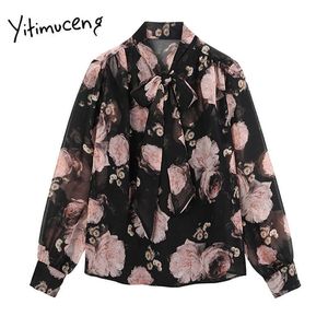 YITIMUCENG Baskı Yay Lace Up Bluz Kadınlar Vintage Gömlek Gevşek Siyah Bahar Moda Uzun Kollu V Yaka Ofis Bayan 210601 Tops