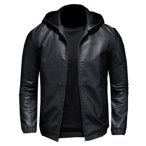 Faux Läderjacka Mäns Vindtät Slim Stor Stor Hooded Leather Jacket Högkvalitativ Casual Black Pu Jacka M-5XL 211118