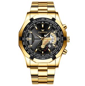 Fngeen varum￤rke vitt st￥l kvarts Mens klockor Crystal Glass Watch Date 44mm diameter personlighet lyxig guld stilfull man armbandsur