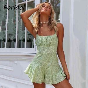 Kvinnor Casual Summer Romper Jumpsuit Floral Print Beach Playsuit Spaghetti Strap Green Wide Leg Boho Overaller 210427