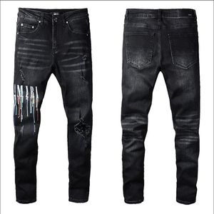 Мужские дизайнерские джинсы звезда высокие эластики огорчены разорванные стройные пригонки мотоцикл байкер джинсовые джинсовые для мужчин мода черные штаны # 030