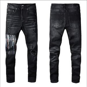 Mens Designer Jeans Star High Elastics Distressed Ripped Slim Fit Motorcykelcyklist för mode Black Pants#030