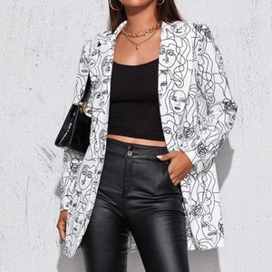 Tecknad Skönhet Ansiktstryck Vit Kavaj Damjacka High Street Fashion 2021Vår Plus Size Elegant Damrock Amerikansk Stilfull X0721