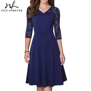 Nice-forever Retro Floral Lace Patchwork Elegant Dresses Cocktail Party Flared Women Swing Dress btyA167 210419