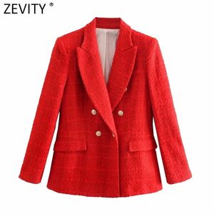 Kvinnor England Style Dubbelbröst Textur Tweed Woolen Blazer Coat Office Långärmad Röd Kassäder Chic Toppar CT696 210420