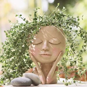 Girls Face Head Flower Slanter Soczysty Roślina Kwiat Pojemnik Doniczka Rysunek Garden Decor Nordic Tabletop Ornament H5 210615