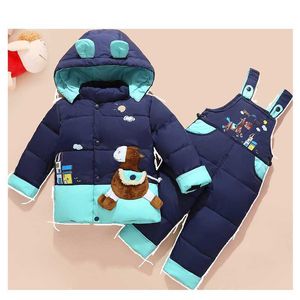 2pcs set baby flicka kläder vinter tecknad barn dunjacka huva varm pojke snöar skidåkning kläder uppsättning för spädbarn 1-3y h0909