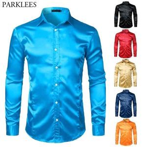 Smooth Silk Satin Slim Fit Dress Shirts Men Long Sleeve Shinny Button Down Chemise Homme Wedding Party Prom Tuxedo Shirt Male 210522
