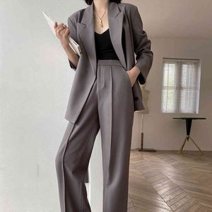 Mulheres de primavera fatos de blazer cinza com cinto solto calças longas conjunto escritório desgaste senhoras conjunto de duas peças 210510