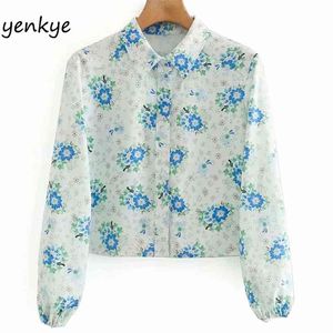 Çiçek Baskı Kırpılmış Bluz Gömlek Kadınlar Uzun Kollu Yaka Yaka Flowy Yaz Gömlek Streetwear Artı Boyutu Blusas CCWM9800 210514 Tops