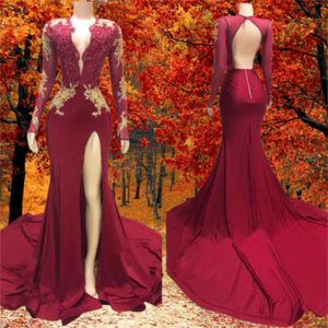 Thigh High Slits Mermaid Prom Dresses Applique Woman s Lady Party Gown Birthday Christmas Long Sleeve Evening Dress