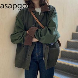 Koreanische Dicke Herbst Vintage Revers Casual BF Safari Stil Lose Volle Laterne Hülse Mäntel und Jacke ArmyGreen Streetwear 211014