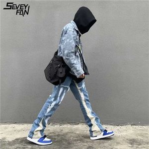 남자 빈티지 블루 플레어 청바지 컬러 블록 패치 워크 안녕하세요 거리 Caro Jean Pants Hip Hop Streetwear Oversize Baggy 데님 바지 211111