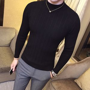 Pullover men's sweater casual striped solid color sweaters men half-high collar stretch tight slim knit tops