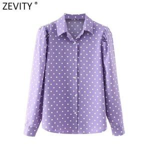 Zevity Women Fashion Dots Print Casual Smock Blouse Office Lady Shoulder Pads Puff Sleeve Shirt Chic Blusas Tops LS7608 210603