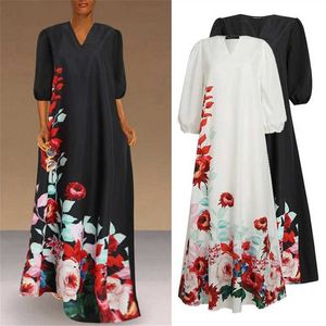 Fashion Print Beach Maxi DrWomen V Neck Half Sleeve Flower Print Vintage Summer Casual Loose Long DrBoho Patry Dresses X0621