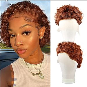 13x1 Pixie Curl Short Bob Lace Wigs Color #350 Brazilian Human Hair For Black Women High