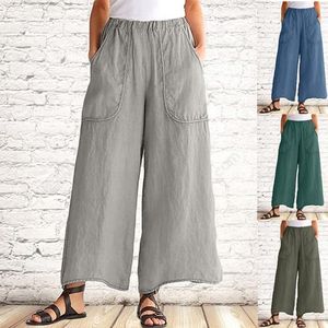 Women's Pants & Capris Sweatpants Wide Leg Women Autumn Elastic Waist Loose Cotton Linen Trousers Oversize Pockets Female