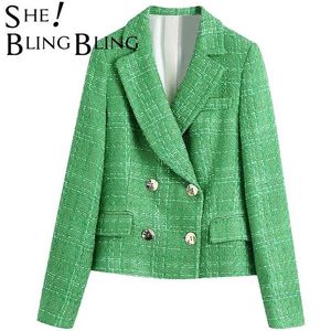 Shingbling Za Woman Simple Green Plaid Tweed Mittade 2 stycken Ställ in Traf Blazers Kvinna Ol Jacka England Style Korta Jackor 211019