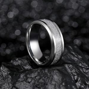 Wedding Rings 8mm Gold Color/Silvery Stainless Steel White Meteorite Inlay Band Engagement Ring Dome Polished Finish