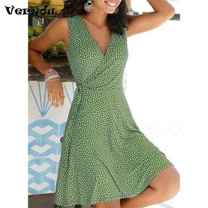 Casual Polka Dot Dres V Neck Bez Rękawów Bandaż Beach Summer Bohemian ES dla 210623