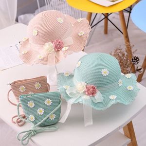 Summer Girl Children 2 Pieces Set Straw Hat+ Handbag Flower Visor Cap Panama Gorros Kid Baby Sun