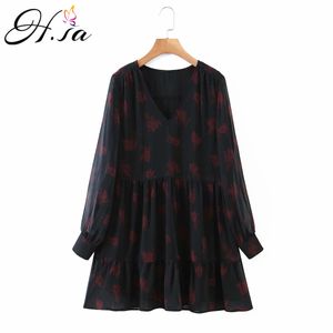 H.SA Mulheres Manga Longa Plissada V Pescoço Gaze Preto Vestidos Floral Impresso Elegante Loose Robe Vestido 210417