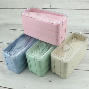 Tragbare Lunchbox aus Weizenstroh, Geschirr-Sets für Studenten, Löffel, Gabel, Stäbchen, dreilagiges Fach, Obstkonservierungsbox, Geschenk XG0409