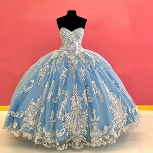 Blue Sweet 16 Quinceanera Dresses Sequins Lace Applique Sweetheart Corset Back