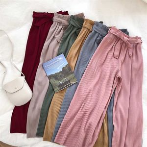 Autumn Wide Leg Pants Women Casual High Waist Pants with Bow Belt Pleated Pant Trousers Femme 211008