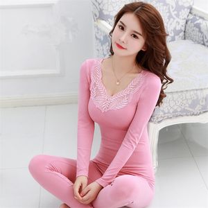 Autumn Winter Thermal Sexy Lace V-neck Lingerie Underwear Set Long Sleeve Warm Body Shaper Pajama Sleepwear Bodysuit 210809