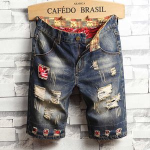 Erkek kot ripped retro şort yaz iş rahat düz denim beş nokta pantolon erkek high-end marka giysileri 210531