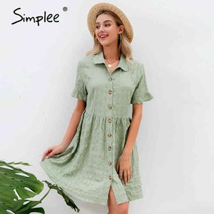 Streetwear Solid Summer Women Shirt Collar Ruffled Causal Party Work Wear Wear Ladies Chic Knappar Office Dress 210414