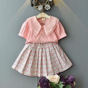 Clothing Sets Lovely Girls Party Princess Skirt Outfits Kids Fashion Summer Pink Puff Sleeve Shirt Floral Pleated Costume