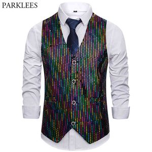 Parlak Renkli Pullu Erkek Yelek Tek Göğüslü Rahat Slim Fit Yelekler Erkekler Gece Kulübü Dans Gösterisi Şarkıcı Yelek Erkek Jile Homme 210524