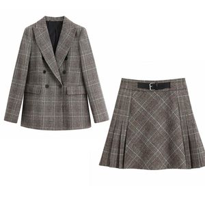 Frauen Herbst Plaid Röcke Anzüge 2-teiliges Set Büro Dame Zweireiher Blazer Mäntel und Mini Weibliche Elegante Kleidung 210513