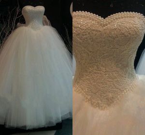 Niesamowite Perły Koronki Suknie Ślubne Bez Ramiączek Suknia Balowa Tulle Kobiety Bridal Plus Size Vestidos de Novia Formalna sukienka