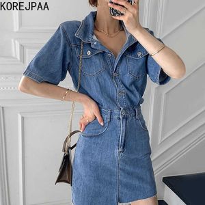 Korejpaa Women Dress Summer Korean Retro Temperament Lapel Single-Breasted Slim-Fit Multi-Pocket Short-Sleeve Denim Vestido 210526