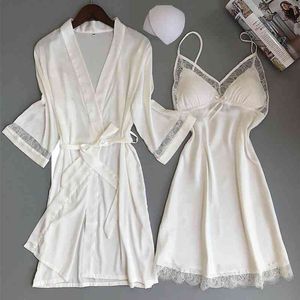 Sexiga Kvinnor Rayon Kimono Badrock Vit Brud Brudtärna Bröllop Robe Set Lace Trim Sleepwear Casual Home Clothes Nightwear