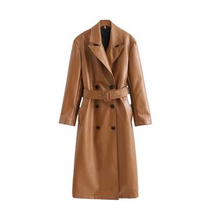 Vintage kvinna brun lösa ramar långa läderrockar höst vinter mode damer varm pu jackor kvinnlig elegant ytterkläder 210515
