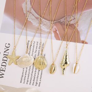 Wholesale Sea Beach Boho Shells Starfish Conch Stainless Steel Chain Pendant Necklace Gold Charm Chains Necklaces Jewelry Gift for Women
