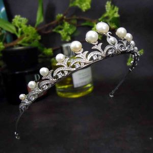 Zirconia Freshwater Pearl Crown Headband For Bride Wedding Tiara Bridal Headpiece Hair Jewelry Coroa Noiva WIGO1270