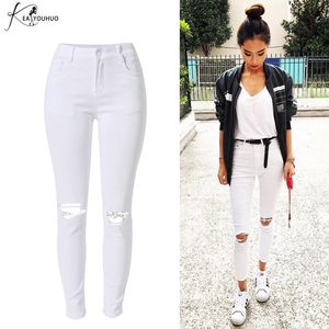 2020 Wysoka talia White Denim Hole Ripped Jeans Kobiece Jean Slim Pantalon Femme Letnie spodnie ołówkowe dla kobiet Spodnie Jeggings Q0801