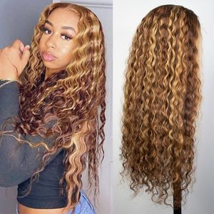 Diva1 Blond Highlight Curly Human Hair Wigs HD Transparent Lace Front Wig För Kvinnor Kort Bob Deep Wave 360 ​​Frontal Natural